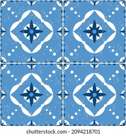 Spanish tile pattern seamless vector with vintage ornaments. Portuguese azulejos, mexican talavera, italian sicily majolica. Blue ceramic background for kitchen wall or bathroom floor.