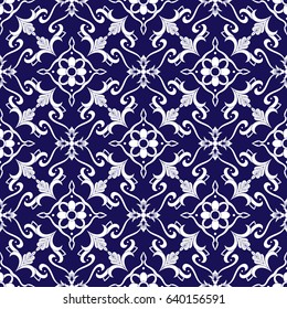Spanish tile pattern vector with blue and white ornaments. Portuguese azulejo, mexican talavera, delft dutch, italian majolica or moroccan motifs. Tiled background for wallpaper, ceramic or fabric.