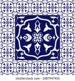 Spanish tile pattern vector ornaments. Mosaic texture element in center with frame. Portuguese azulejo, mexican talavera, spain, italian venetian majolica, chinese porcelain or delft dutch ceramic.