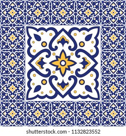 Spanish tile pattern vector ornaments. Vintage barcelona mosaic texture element in center with border frame. Portuguese azulejos background, mexican talavera ceramic, italian sicily majolica.