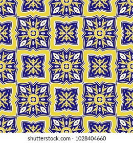 Spanish tile pattern vector seamless with floral ornaments. Portuguese azulejo, mexican talavera, italian majolica, spain barcelona motifs. Texture for ceramic kitchen wall or bathroom mosaic floor.