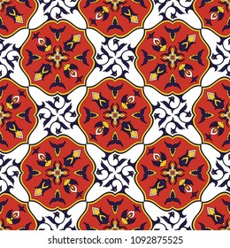 Spanish tile pattern vector seamless with vintage ornaments. Portugal azulejo, mexican talavera, italian sicily majolica motif. Tiled background for ceramic kitchen wall or bathroom mosaic floor.