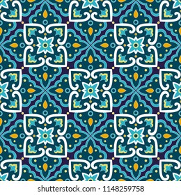 Spanish tile pattern vector seamless with floral ornaments. Portuguese azulejos ceramic, mexican talavera, italian sicily majolica design. Texture for kitchen wallpaper or bathroom flooring.