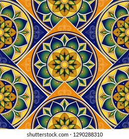 Spanish tile pattern vector seamless with parquet ornament. Portugal azulejos, mexican talavera, italian sicily majolica or barcelona ceramic. Mosaic background for kitchen wall or bathroom floor.