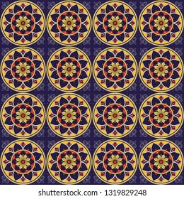 Spanish tile pattern vector seamless with vintage motifs. Portuguese azulejos, mexican talavera, spain barcelona ceramic, italy sicily majolica. Mosaic texture for wallpaper or kitchen floor.