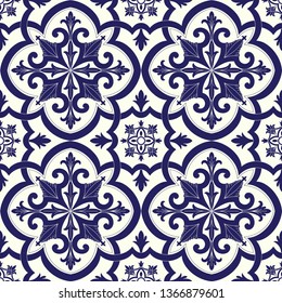 Spanish tile pattern vector seamless with flowers motifs. Portuguese azulejos, moroccan arabic, italian sicily majolica or delft dutch ceramic design. Background print for wallpaper or textile.