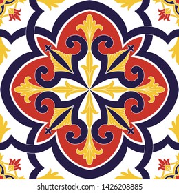 Spanish tile pattern vector seamless element with vintage ornament. Portuguese azulejos, mexican talavera ceramic, italian sicily majolica. Texture for kitchen wall mosaic or bathroom floor.