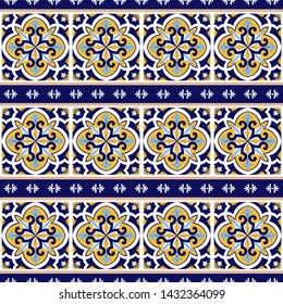 Spanish tile pattern vector seamless with vintage border ornament. Portuguese azulejos, mexican talavera, sicily majolica or italian ceramic. Background for kitchen wall or bathroom floor.