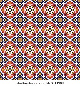 Spanish tile pattern vector seamless with flowers motifs. Sicily italian majolica, portuguese azulejos, mexican talavera, venetian ceramic. Vintage background for kitchen wall or bathroom floor.