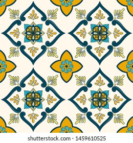 Spanish tile pattern vector seamless with green ornament. Portuguese azulejos, mexican talavera, sicily majolica or italian ceramic. Mosaic texture for kitchen wall or bathroom floor.