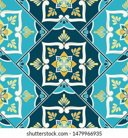 Spanish tile pattern vector seamless with border parquet ornament. Portuguese azulejos, mexican talavera ceramic, italian sicily majolica. Mosaic background for bathroom or kitchen floor.