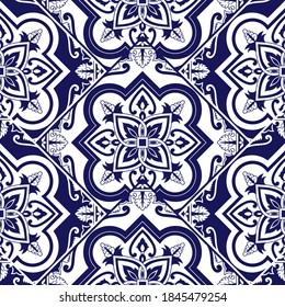 Spanish tile pattern vector seamless with parquet ceramic ornament. Mexican talavera, portugal azulejo, delft dutch, italian sicily majolica. Floral background for wallpaper, texture, textile.