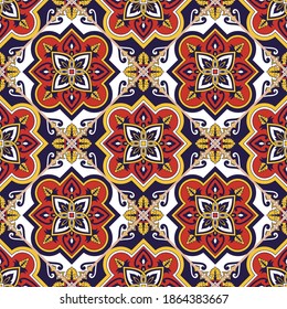 Spanish tile pattern vector seamless with mosaic motif. Portuguese azulejo, italian Sicily ceramic, mexican talavera, venetian majolica. Geometric background for kitchen wall or floor.