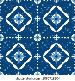 Spanish tile pattern vector seamless. Azulejos portuguese ceramic, mexican talavera, italian sicily majolica. Blue and white background.