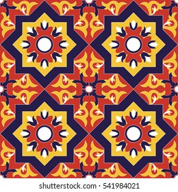 Spanish tile pattern vector seamless with flowers motifs. Azulejo portuguese tiles, mexican talavera, moroccan or italian majolica motifs. 