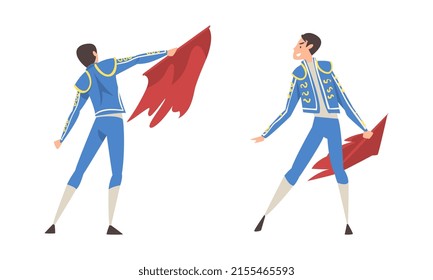 Spanish toreadors set. Bullfighter character in traditional costume with red cloth cartoon vector illustration