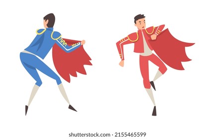 Spanish toreadors set. Bullfighter character with red cloth cartoon vector illustration