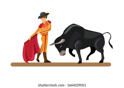 Spanish Traditional Attraction Bull And Matador In Cartoon Flat Illustration Vector Isolated In White Background