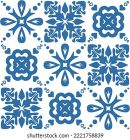 Spanish traditional Azulejo tiles for interior decoration, textiles and design, blue white color square shape