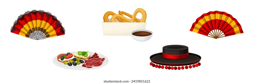 Spanish Traditional Symbols and Objects with Fan, Churros, Snack and Brimmed Hat Vector Set