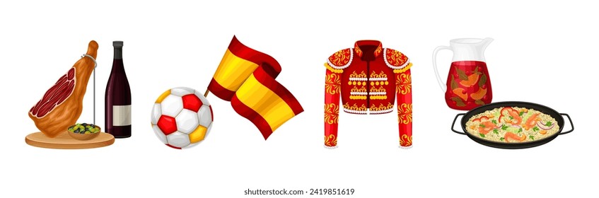 Spanish Traditional Symbols and Objects with Jamon, Football Flag, Bullfighter Jacket and Paella Vector Set