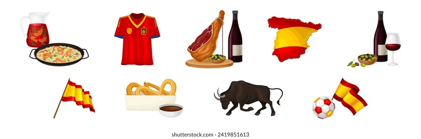 Spanish Traditional Symbols and Objects with Paella, Jamon, Flag, Wine, Bull and Churros Vector Set
