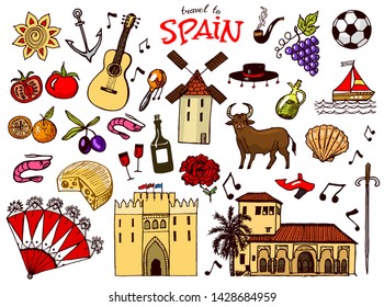 Spanish traditional symbols and objects. Set of signs and icons in vintage style. Hand Drawn. Guitar, futbol, music and wine.