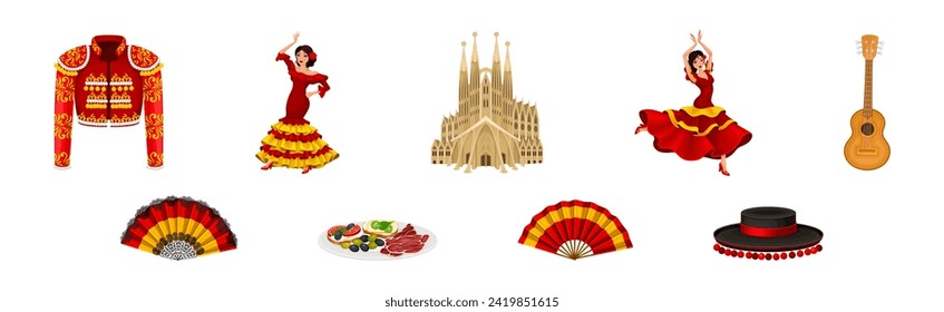 Spanish Traditional Symbols and Objects with Woman Dance Flamenco, Guitar, Hat and Cathedral Vector Set