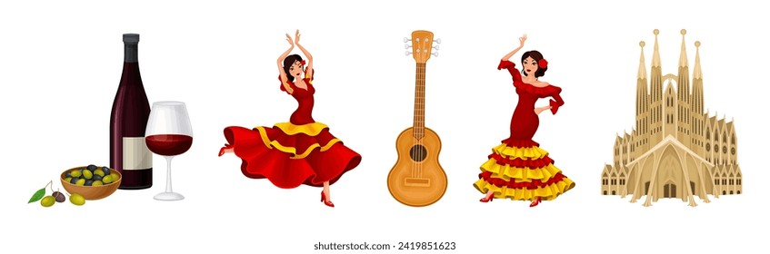 Spanish Traditional Symbols and Objects with Woman Dance Flamenco, Guitar, Wine and Cathedral Vector Set