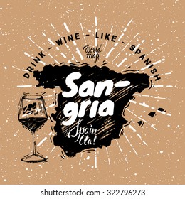 Spanish traditional type  of wine with graphic elements on the map of Spain.