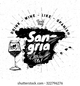 Spanish traditional type  of wine with graphic elements on the map of Spain.