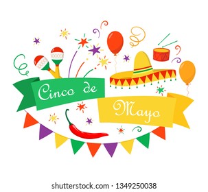 Spanish translation Cinco de Mayo - May 5, federal holiday in Mexico. Colorful festive poster with maracas, chilli pepper, sombrero. Festive quote for banner, party, greeting card, promotion, print.