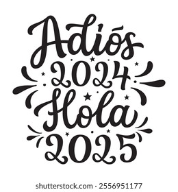 Spanish translation: goodbye 2024 hello 2025. Hand lettering black text isolated on white background. Vector typography for new year decorations, cards, banners, posters, balloons, labels