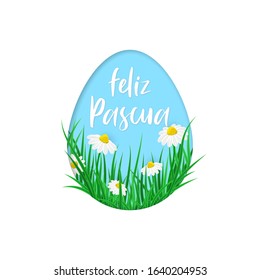 Spanish translation Happy Easter – Feliz Pascua. Vector card, poster Happy Easter in spanish language into egg with spring flowers and green grass isolated on white background. Paper cut card design.