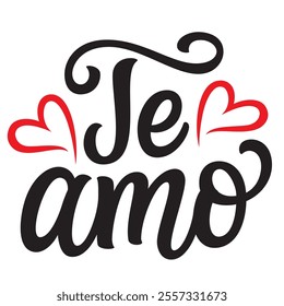 Spanish translation: I love you. Hand lettering text with red hearts isolated on white background. Vector typography for posters, Valentines day cards, banners, wedding decor