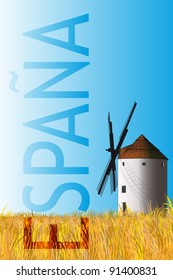 Spanische Reisebroschüre mit Windmühle auf gelbem Grasfeld