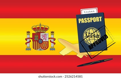 Spanish Travel Documentation Concept with blue Passport and Spain Flag. Approved Stamp. Airplane and Travel Tickets. Ideal for Immigration Tourism and Traveling Themes. Vector EPS available