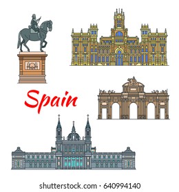 Spanish travel landmark of Madrid thin line icon set. Cybele Palace, catholic Almudena Cathedral, triumphal arch Alcala Gate and Plaza Mayor Statue Of King Philip 3 for travel and tourism design