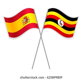 Spanish and Ugandan crossed flags. Spain combined with Uganda isolated on white. Language learning, international business or travel concept.