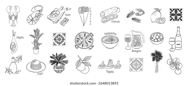 Spanish vacation vibe set in sketch style. Hand drawn Mediterranean food, paella, sangria, tapas, gazpacho, churros, chorizo. Coastal collection for card, print, wedding invitation, menu design