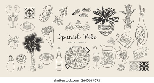 Vibe de férias espanhol definido em estilo de esboço moderno. Palela mediterrânea desenhada à mão, sangria, tapas, churros, lagosta, mexilhões, chouriço, azulejo, jamon. Coleção costeira para design de cartão, impressão e menu.