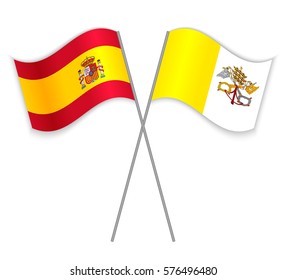 Spanish and Vatican crossed flags. Spain combined with Vatican City State isolated on white. Language learning, international business or travel concept.