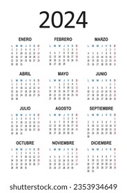 Spanish vector calendar 2024 year. Week starts on Monday. Planner illustration