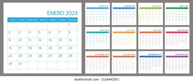 Planificador del calendario vectorial español 2023, calendario mensual de programación, plantilla de organizador. La semana comienza el lunes. Página personal de negocios. Ilustración simple moderna