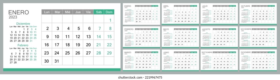 Planificador del calendario vectorial español 2023, calendario mensual de programación, plantilla de organizador.La semana comienza el lunes. 