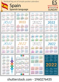 Spanish vertical Big set of pocket calendars for 2022 (two thousand twenty two). Week starts Sunday. New year. Color simple design. Vector