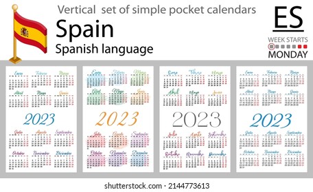 Spanish vertical pocket calendar for 2023 (two thousand twenty three). Week starts Monday. New year. Color simple design. Vector