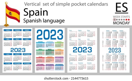 Spanish vertical pocket calendar for 2023 (two thousand twenty three). Week starts Monday. New year. Color simple design. Vector