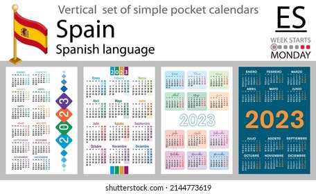 Spanish vertical pocket calendar for 2023 (two thousand twenty three). Week starts Monday. New year. Color simple design. Vector