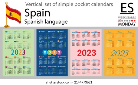 Spanish vertical pocket calendar for 2023 (two thousand twenty three). Week starts Monday. New year. Color simple design. Vector